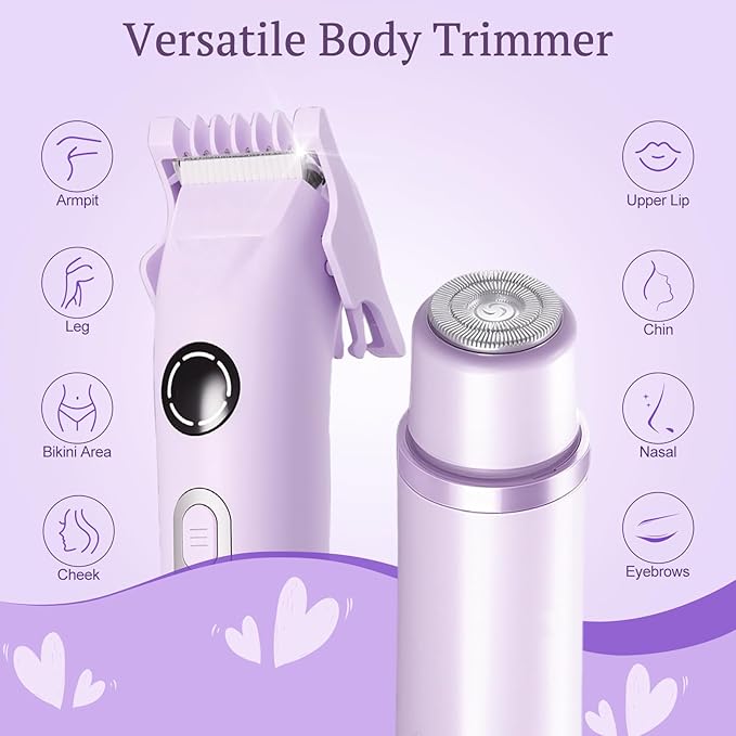 Dermave Bikini Shaver, 4-in-1 Bikini Trimmer for Women, Electric Razors with Dual Heads, Cordless Body Hair Trimmer, Rechargeable Pubic Hair Trimmer for Legs Body Facial Hair, Ceramic Blade