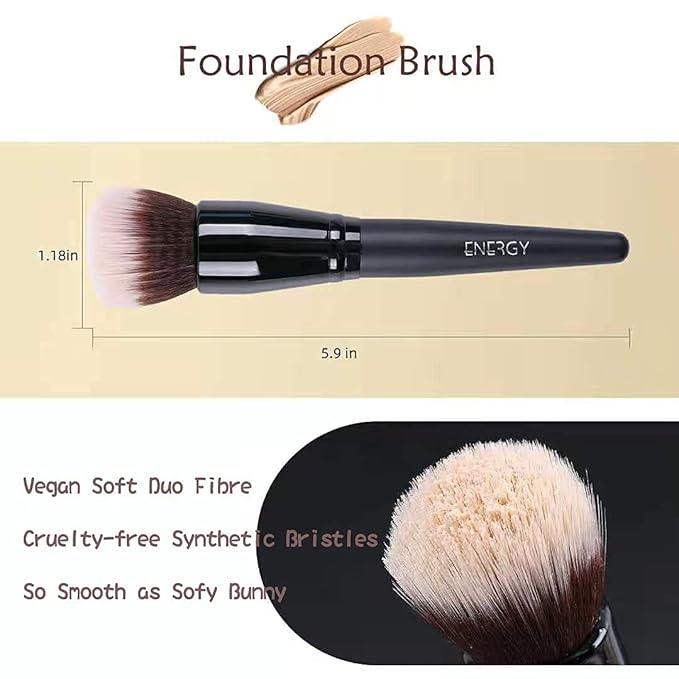 ENERGY Stippling Brush,Professional Makeup Brush for Liquid, Contour, Foundation, Bronzer, Blush, Powder, Buffing, Blending, Soft Vegan Synthetic Bristles, Face Make Up Tool,Black