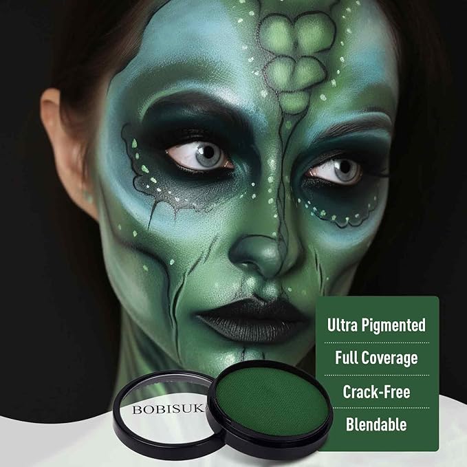 BOBISUKA Dark Green Face Body Paint, Water-Based Face Painting Kit & Body Paints, Kids Adults Facepaint for Halloween Zombie Camo Hunting Orcs Alien SFX Makeup, Costume Cosplay Party Theater & Stage