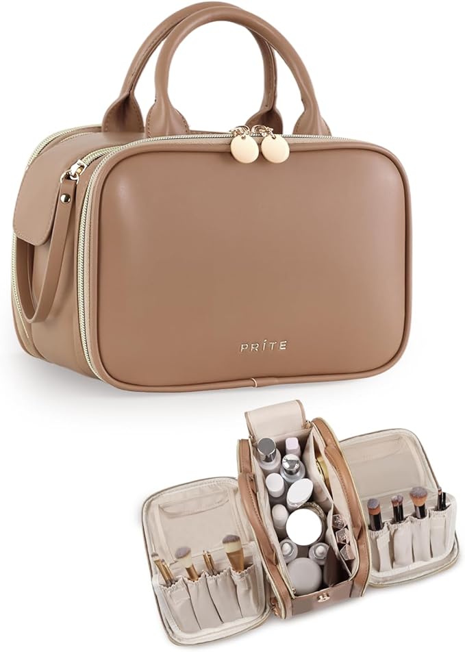 Prite Makeup Bag for Women, Large Capacity Waterproof Travel Cosmetic Organizer, Portable Open Flat Toiletry Bag with Free-standing Brush Holder and Handle(Brown Medium)