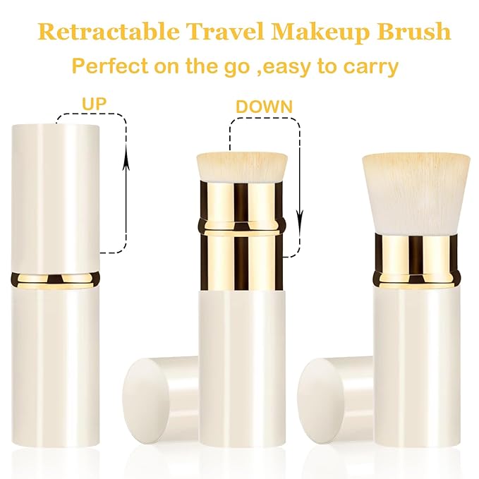 Retractable Kabuki Makeup Brush 2 Pack, Travel Powder Foundation Makeup Brush Face Blush Brushes for Blending Liquid, Blush, Bronzer, Buffing, Sunscreen,Flawless Cosmetics
