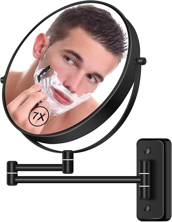 8” Wall Mounted Magnifying Makeup Mirror 1X/7X Wall Mount Mirror Swing Arm Two-Sided 360° Swivel Bathroom Shaving Mirror for Men and Women in Hotel/Home, Black