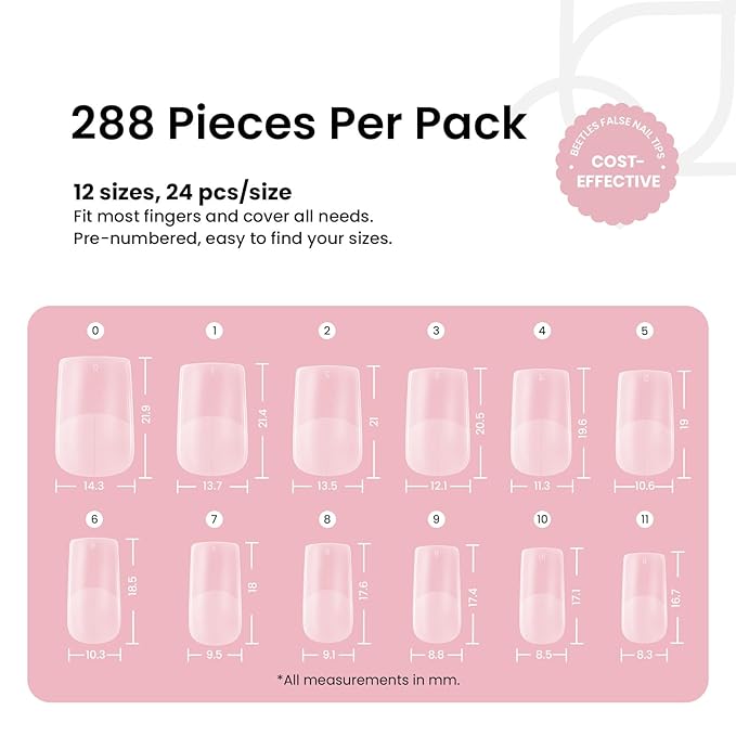 Beetles Short Square Nail Tips, 12 Sizes 288pcs French Full Matte Soft Pre-shaped Etch X Nail Tips, Full Cover False Nails Fake Acrylic Nails No Filing Needed for Nail Extensions Home DIY Nail Salon