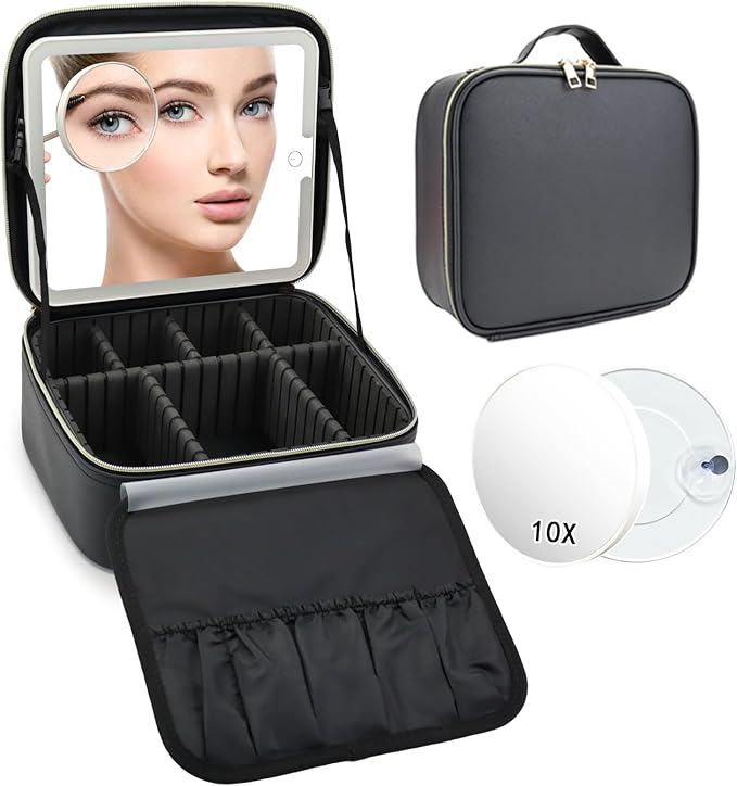 Travel Makeup Bag with LED Mirror and 10x magnifying glass with 3 Lighted Settings, Adjustable Dividers and Makeup Brush Storage Bag Black