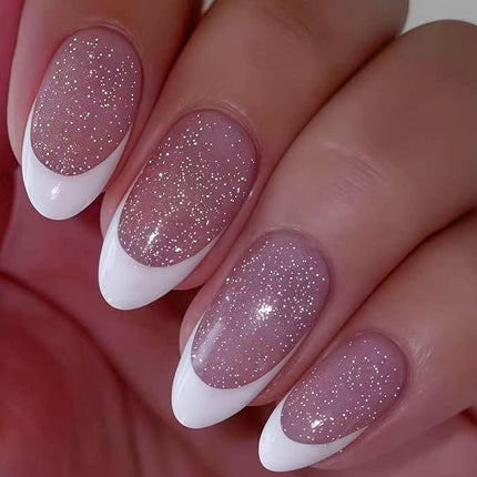 Almond Press on Nails Medium Fake Nails with Glitter Designs White French Tip Nails Press ons Winter Acrylic Nails for Women 24 Pcs