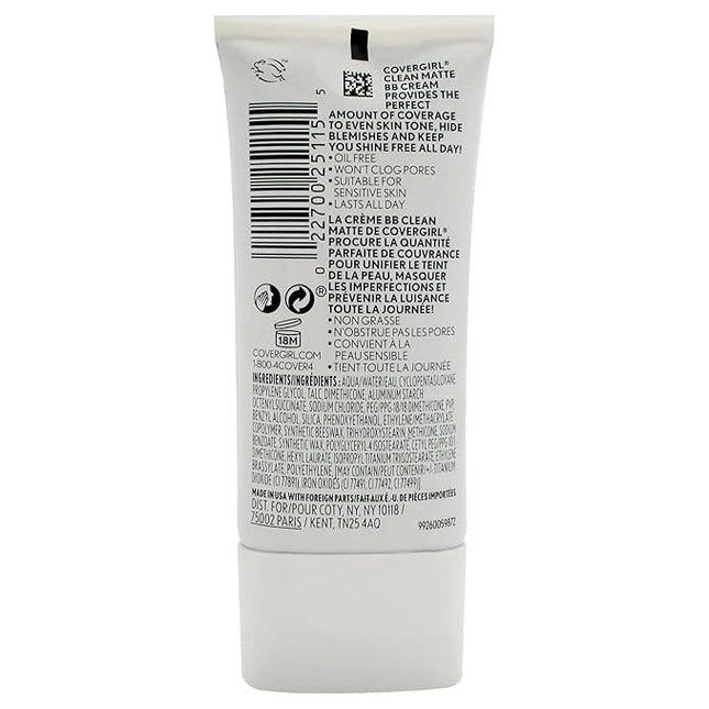 COVERGIRL - Clean Matte BB Cream, Oil-Free, Long-Lasting, Sensitive Skin, Lightweight, 100% Cruelty-Free