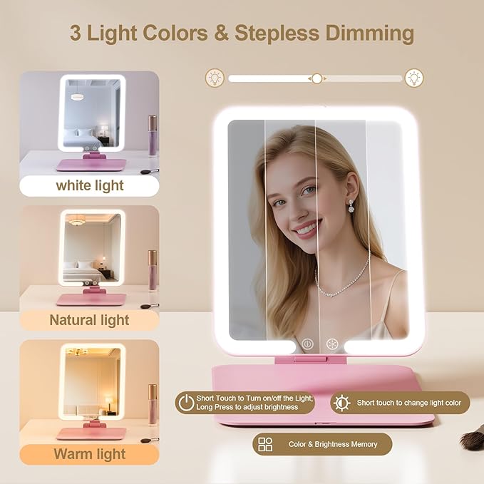 Benbilry Travel Makeup Mirror with Light, 15X Magnifying Mirror & 3 Color Modes, 1800mAh Rechargeable, Adjustable Height/Angle Stand, Foldable LED Vanity Mirror for Tabletop (Pink)