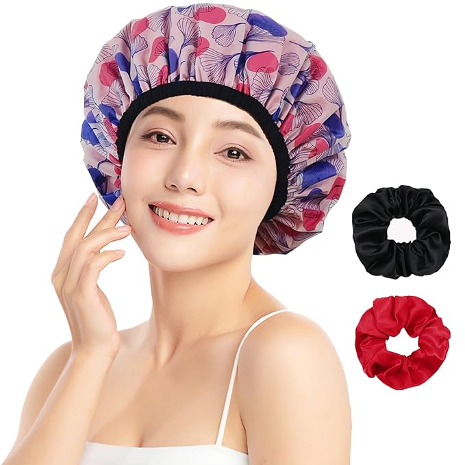 Shower Cap for Women, Shower Caps for Women Reusable Waterproof, Satin Lined Shower Cap, Hair Cap for Shower, Large Plastic Double Layers Bath Caps for Curly Hair Braids