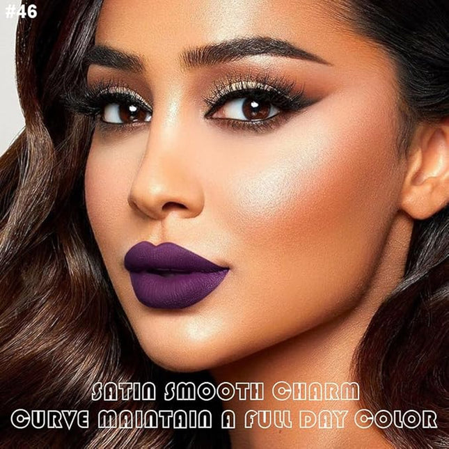evpct 2Pcs Dark Deep Purple Matte Liquid Lipstick Lip Gloss Stain and Retractable Lip Liner Makeup Set for Women Long Lasting Waterproof 24 Hours Lipstick labial mate larga duracion 24 46#