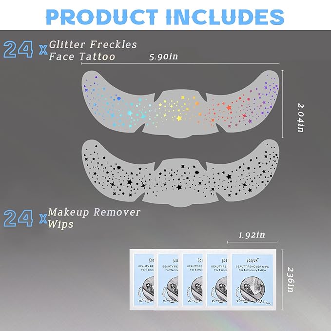 24pcs Face Glitter Freckles Tattoo, Holographic Chameleon Body Glitter Faux Freckle Stickers for Women Girls, Sparkle Star Speckles Makeup Patches Concert Festival Rave Cosplay Accessories
