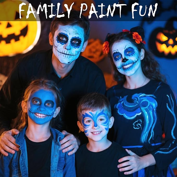 Blue Face Body Paint Kit for Kids & Adults, Non-Toxic Water-Based Professional Face Painting Palette with Brushes for Halloween Clown Goth Vampire SFX Makeup, Art Stage Cosplay Parties