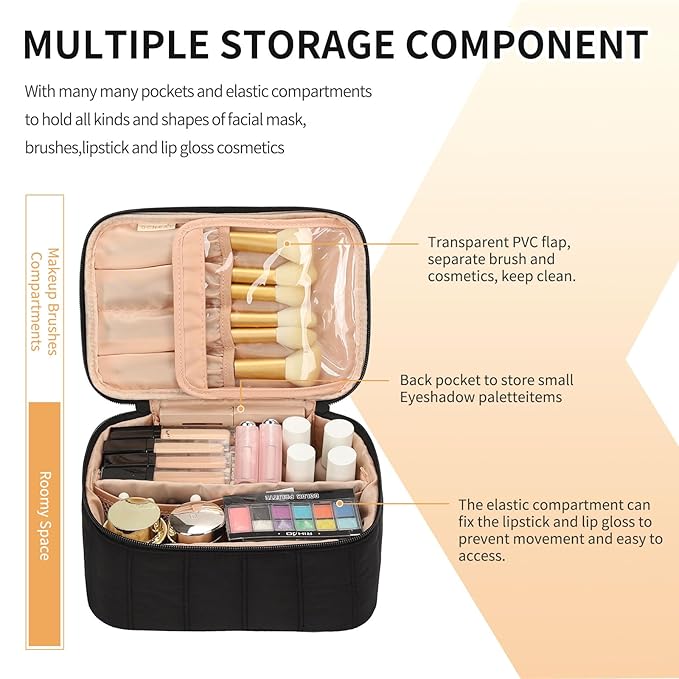 OCHEAL Black Makeup Bag - Portable and Spacious Cosmetic Organizer for Women's Travel with Handle, Divider, Large Capacity for Girls on the Go-Black