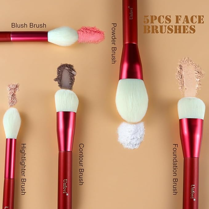 14-Piece Daily Makeup Brush Set - Essential Cosmetic Brushes Kit for Foundation, Concealer, Eyeshadow & Powder Blush, Professional Face Blending Brushes Kit for Women(Red)