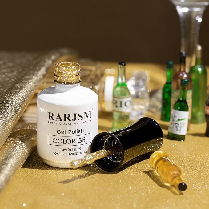 RARJSM Glitter Gel Nail Polish Platinum Gold Metallic Light Gold Iridescent Rainbow Shimmer Flakes Gel Polish Sparkly Chunky Pigments Soak off Led UV Curing Required for Home Salon Manicure Christmas