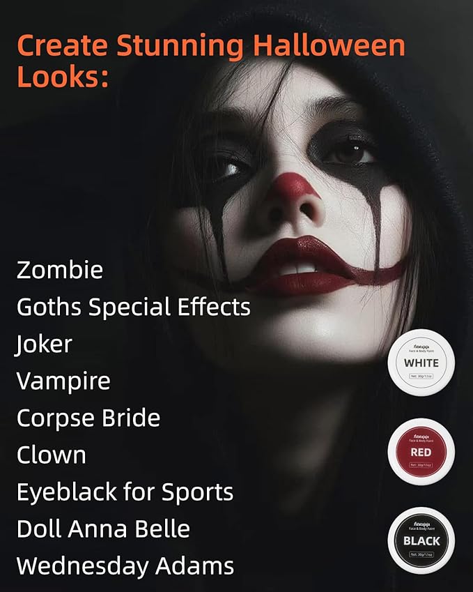 Halloween Zombie Makeup Kit, Fiestajaja Black White Red Face Paint Body Painting Kit with Brushes Sponges Tattoo Stikers for Halloween Zombie Makeup, Cosplay, SFX Effect, Theme Parties (13PCS)