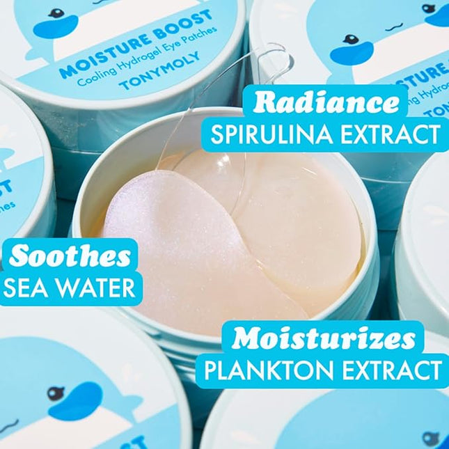 TONYMOLY Moisture Boost Cooling Hydrogel Eye Patches – Hydrating & Refreshing Under Eye Patches with Hyaluronic Acid, Spirulina & Plankton, 30 Pairs