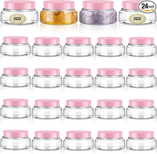 Tessco 24 Pack Plastic Jars with Lids Labels Empty Clear Plastic Jars Round Refillable Cosmetic Containers Body Butter Containers Bulk Sugar Scrub Bottle for Make Up(5 oz,Clear, Pink)