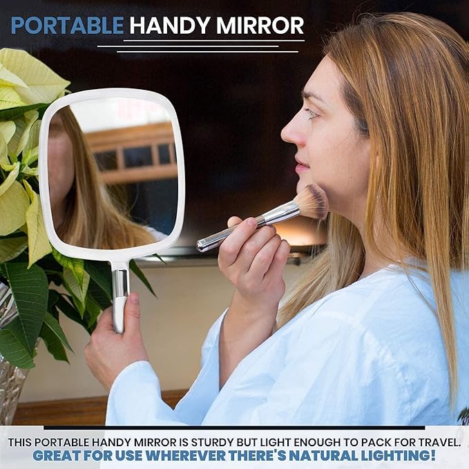MIRRORVANA Large Hand Held Mirror with Comfy Handle for Women and Men - Personal Barber Haircut Mirror to See Back of Head - Espejo de Mano - 9" x 13" (White)