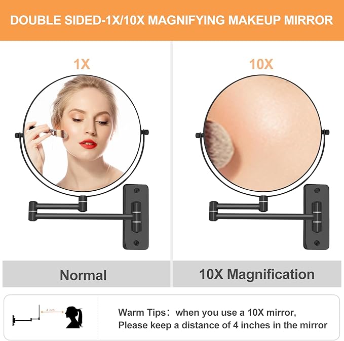 8" Wall Mounted Magnifying Makeup Mirror, 1X/10X Double-Sided Shaving Mirror with 360° Swivel & Extendable Arm for Bathroom Vanity, Black - No Light