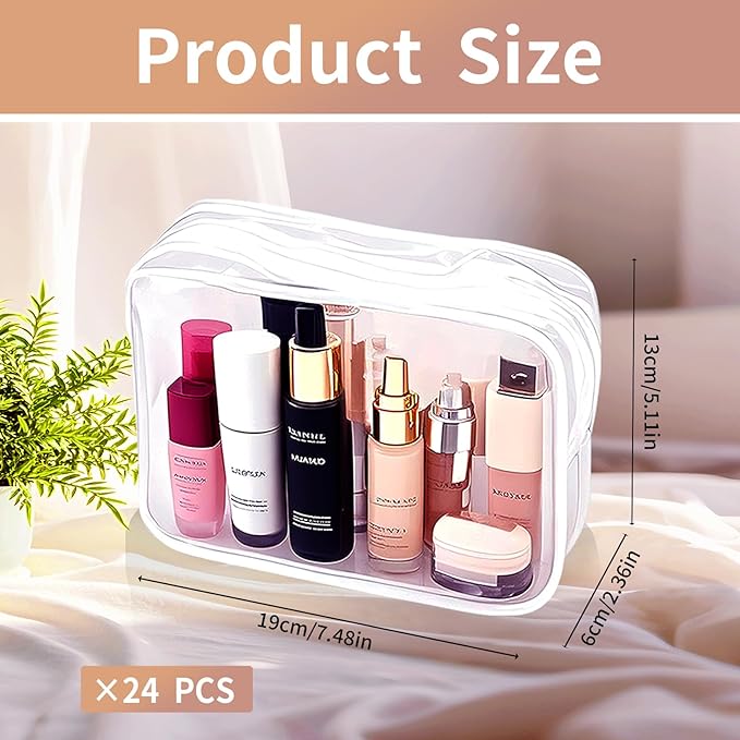 24 PCS Clear Makeup Bag with Zipper, Waterproof Transparent Toiletry Bag Organizer, PVC Portable Cosmetic Bags for Women Men Traveling Vacation Bathroom Home (White)