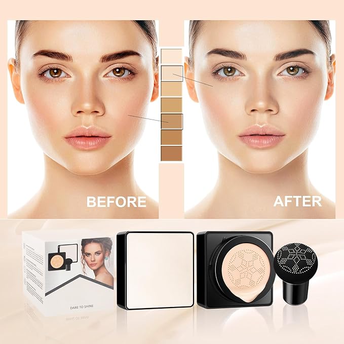 Air Cushion CC Cream - Long-Lasting Brightening Mushroom Head BB Cream Foundation for Face Makeup, Moisturizing Full Coverage Self Adjusting Concealer for Even Skin Tone (Nude, 1 PCS)