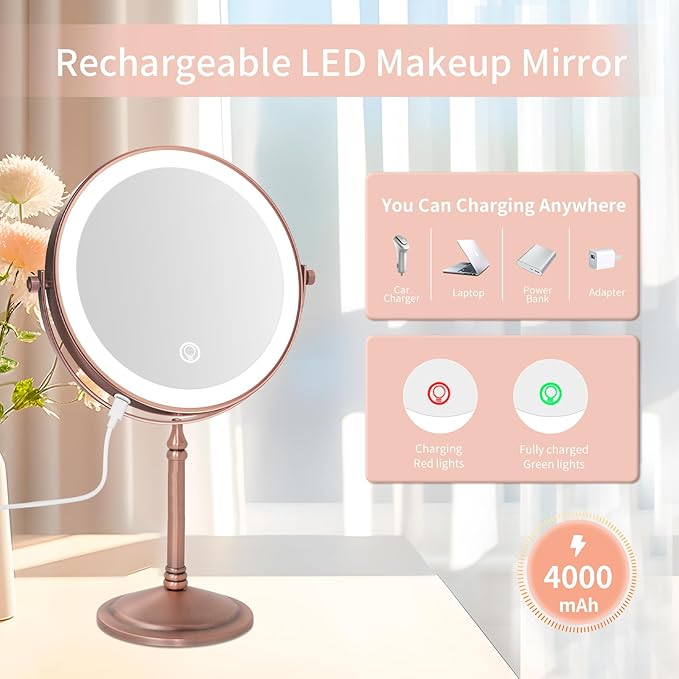 Nicesail Desk Mirror with Light 1X/10X Magnifying with 3 Color Dimmable Lights Desk Mirror, Cordless 360 Rotation 4000mAh Rechargeable, Double Sided Mirror for Desk, 8 Inch Standing Brushed Rose Gold
