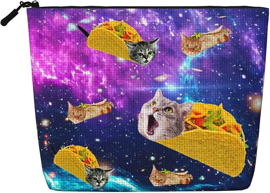 MOLAIGIN Blue Purple Galaxy Cat Taco Cosmetic Bag For Women, Travel Makeup Bag, Toiletry Zipper Bag, Large Capacity Aesthetic Cases