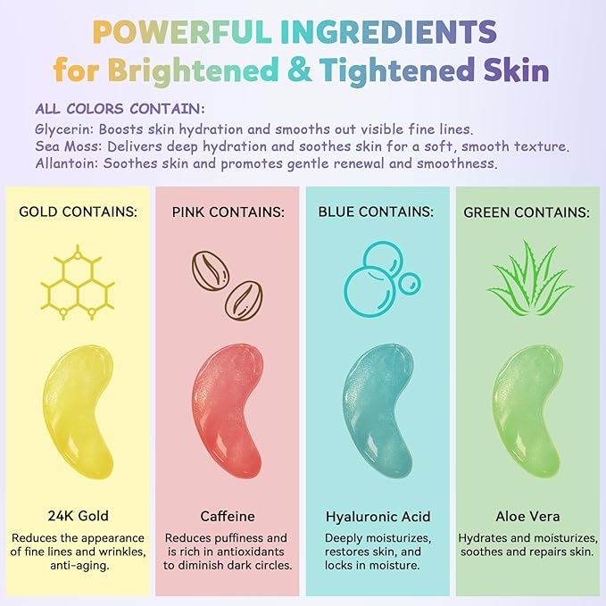 Under Eye Patches Variety Pack (8 Pairs), Eye Masks for Dark Circles Puffy Eyes Undereye Bags With 8 Colors (1 Pairs/Color), Vegan Eye Skin Care Set for Bachelorette Party Favors