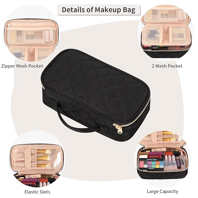 OCHEAL Small Makeup Bag,Portable Cute Travel Makeup Bag Pouch for Women Girls Makeup Brush Organizer Cosmetics Bags with Compartment-Rhombus Black