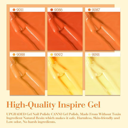 CANNI Orange Gel Nail Polish Set – 6 Colors (Fire Orange, Yellow, Amber, Pumpkin, Sunset), 9ML Soak Off UV LED Nail Gel Kit for Fall Nail Art & DIY Manicure