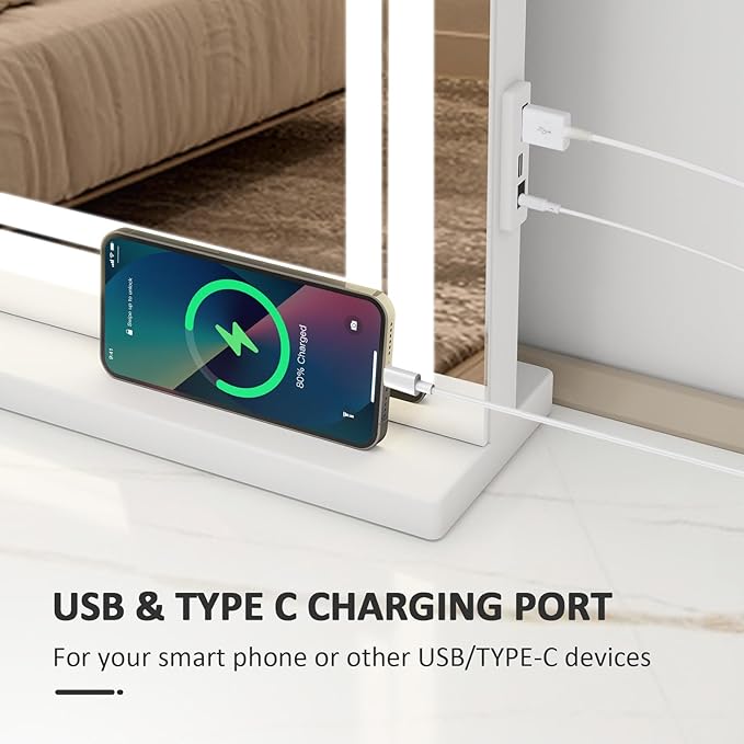 YOURLITE Vanity Mirror with Lights, 32"x 23" Hollywood Mirror with Double LED Lights, 3 Colors Modes & Adjustable Brightness, Makeup Mirrors Vanity Mirror 10x Spot Mirror, USB Charging Port