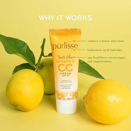 pürlisse Youth Glow Vitamin C CC Cream with SPF 50 - Color Corrector Enriched with Sea Buckthorn, Vitamin C & Hyaluronic Acid - Boosts Radiance & Youthfulness - Paraben-Free - Light (1.4 oz)