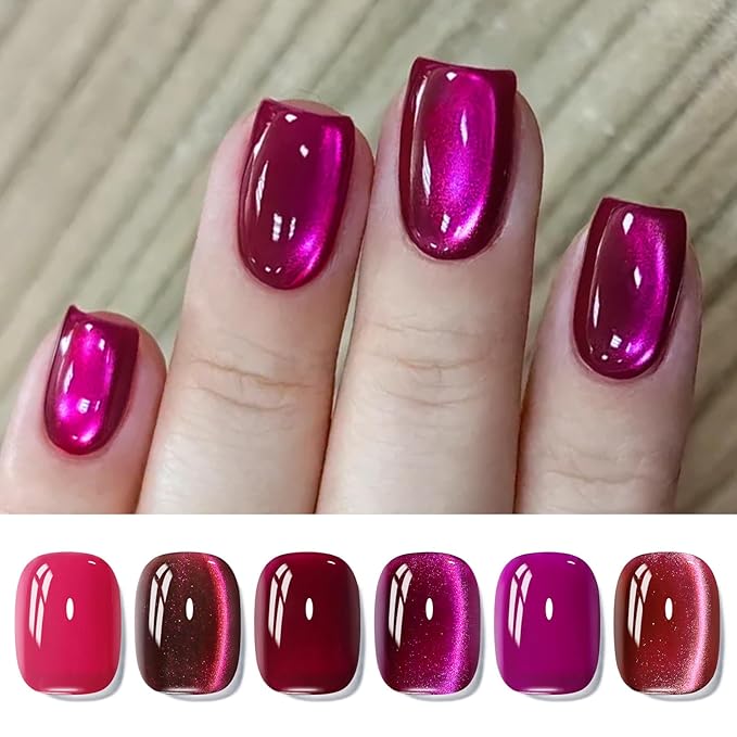 BORN PRETTY Gel Nail Polish Hot Pink Pitaya Red Color Gel Polish Ice Glass Cat Magnetic Eye Effect Holographic Glitter Shimmer Soak Off Nail Art Manicure DIY Salon and Home Sweetheart Series