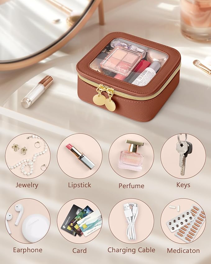 Mini Makeup Bag, Small Makeup Bag for Purse, Waterproof Clear Makeup bag, Leather Cosmetic Bag, Square Make Up Bag Pouch, Toiletry Bag for Travel, Car and Women, Brown