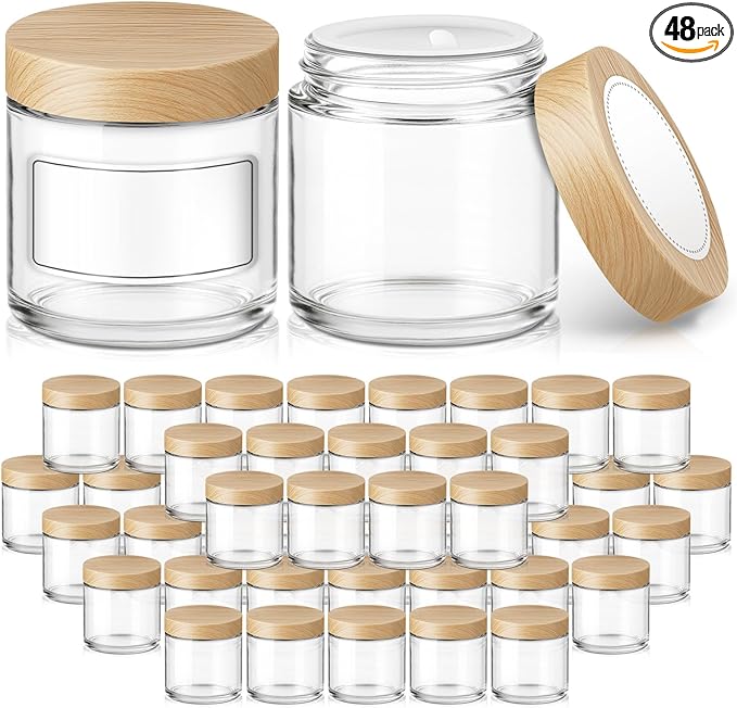4 oz Glass Jar with Bamboo Lids, 48 Pack Small Glass Candle Jars with Lids & Sticker, Empty Cosmetic Containers for Sample, Cream, Spice, Lotion, Ointments