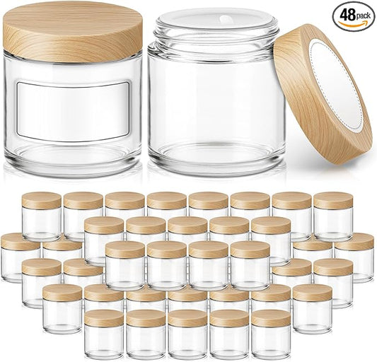 4 oz Glass Jar with Bamboo Lids, 48 Pack Small Glass Candle Jars with Lids & Sticker, Empty Cosmetic Containers for Sample, Cream, Spice, Lotion, Ointments
