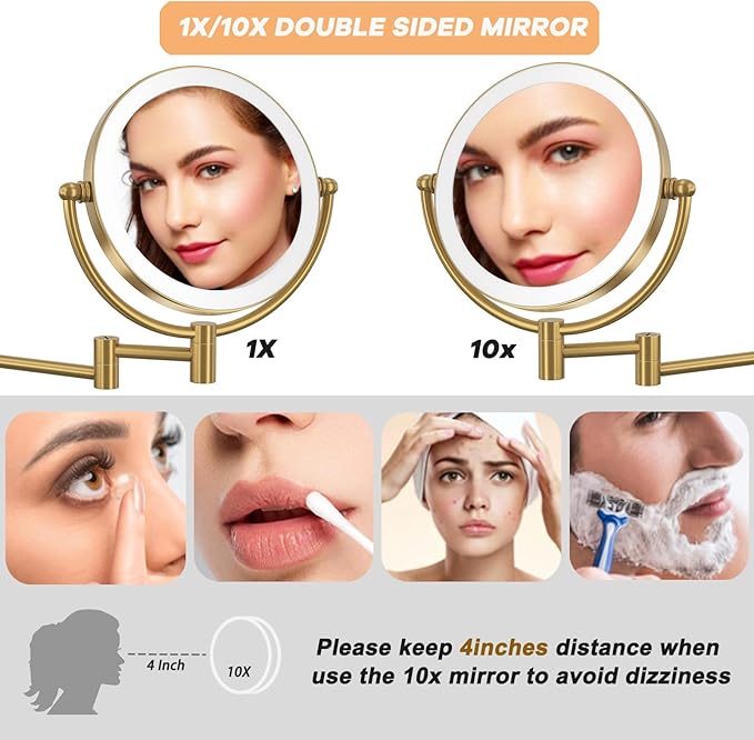 8” Wall Mounted Makeup Mirror 1X/10X Magnification, Rechargeable 2 Sided Touch Dimming with LED Lights 360 Swivel Extendable Arm Shaving Mirror, Brushed Moderne Brass