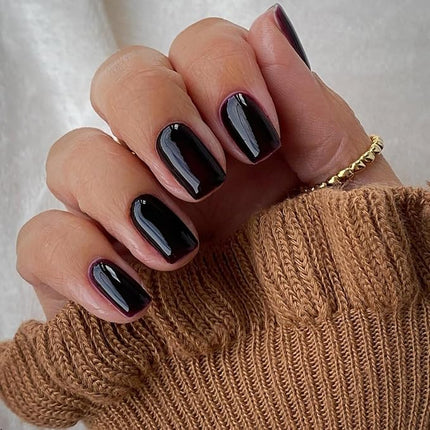 Black Press on Nails Medium Square, KXAMELIE Natural Acrylic Glue on Nails Coffin Nails Press ons Medium Short Gel Nails, Reusable Fake Nails 2025 Trendy Solid Color False Nails 24Pcs