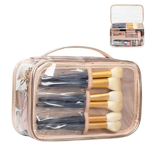 OCHEAL Clear Makeup Bag, Portable Makeup Organizer Cosmetic Bag, Large Travel Makeup Bag Cute Clear Pouch For Women and Girls Cosmetics Bags with Divider Makeup Brush Compartment-Rose Gold