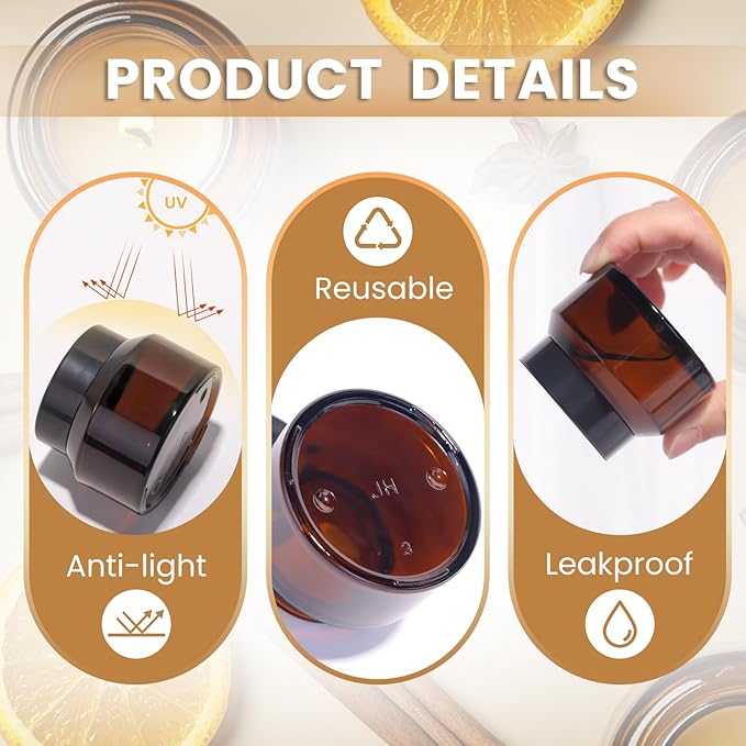 Amber 1.7oz Small Glass Jars with Lids - 24 Pack Leakproof Cosmetic Containers Durable with Inner Liners, Sealable for Creams, Lotions, Essential Oils, Body Butter, Travel Samples