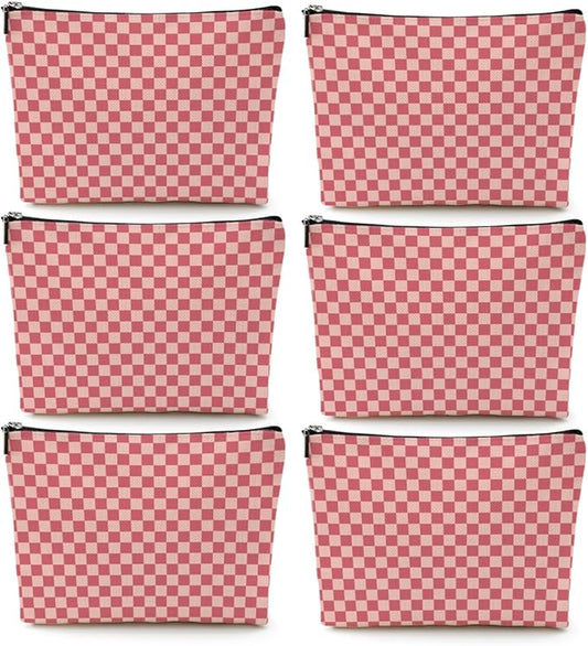6 Pcs Checkered Makeup Bags Make up Bag Cosmetic Bags for Women Girls Employee Bridesmaid Friendship Christmas Birthday Travel Toiletry Bag Aesthetic Zipper Organizer Accessories, Cute Pink Plaid