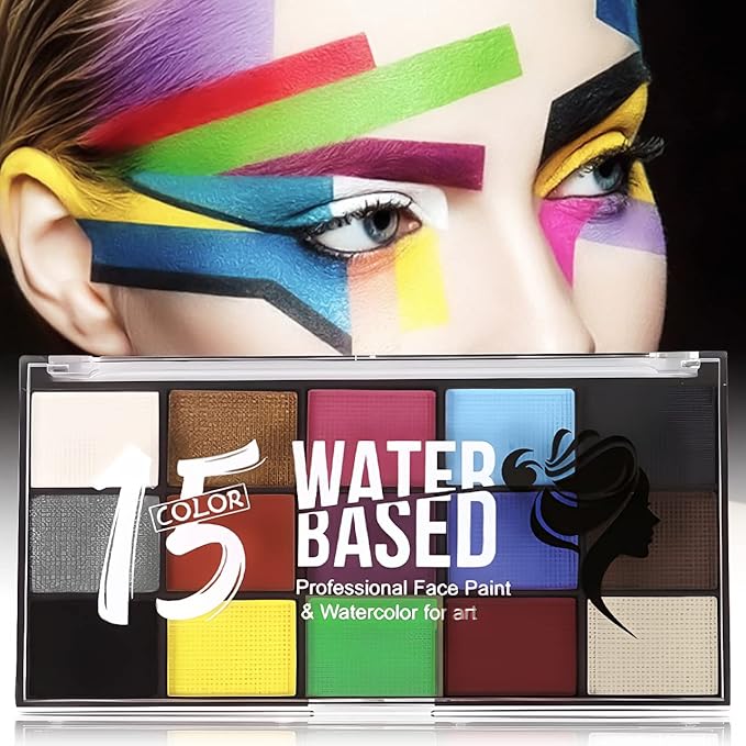 Face Paint Kit, Painting Palette with Brushes Body Paint Face Makeup Safe and Easy to Clean for Halloween Carnivals Cosplay Party Stage Performances (15 Colors+12 Brushes+6 Stickers)