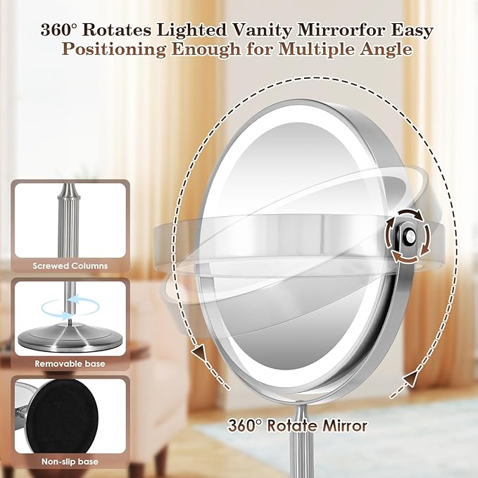 VESAUR 15X Magnifying Mirror with Light, 9.5 Large 5000mAh Rechargeable Double Sided HD Lighted Makeup Mirror with 3 Touch Dimmable Light, 360° Swivel Detachable for Travel Vanity Mirror Nickel, Gifts