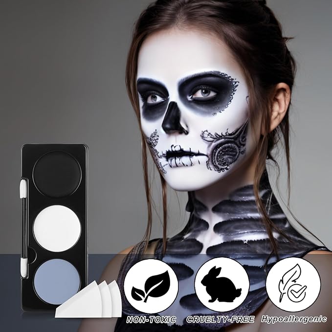 Black White Light Grey Face Paint + 3PCS Sponge + Brush,3 Colors Gray Body Paint for Zombie Skeleton Skull Vampire,Halloween SFX Makeup Kit,Eye Black for Baseball/Softball/Football,21g