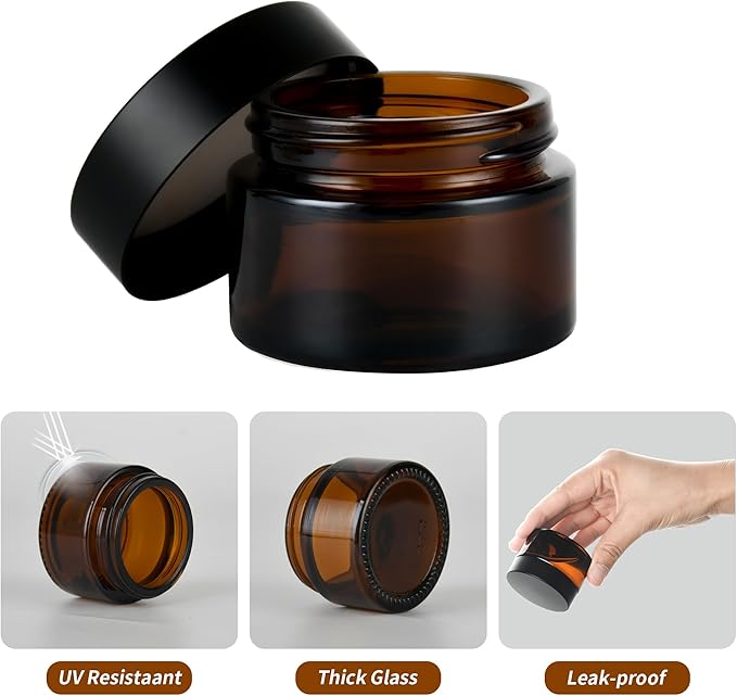 1 oz Reusable Amber Glass Container Jars 24 Pack with Wide-mouth Leak Proof Cap and Inner Pull-On Lid for Travel Storage Makeup, Face Creams, Body Lotions, DIY Crafts or Others