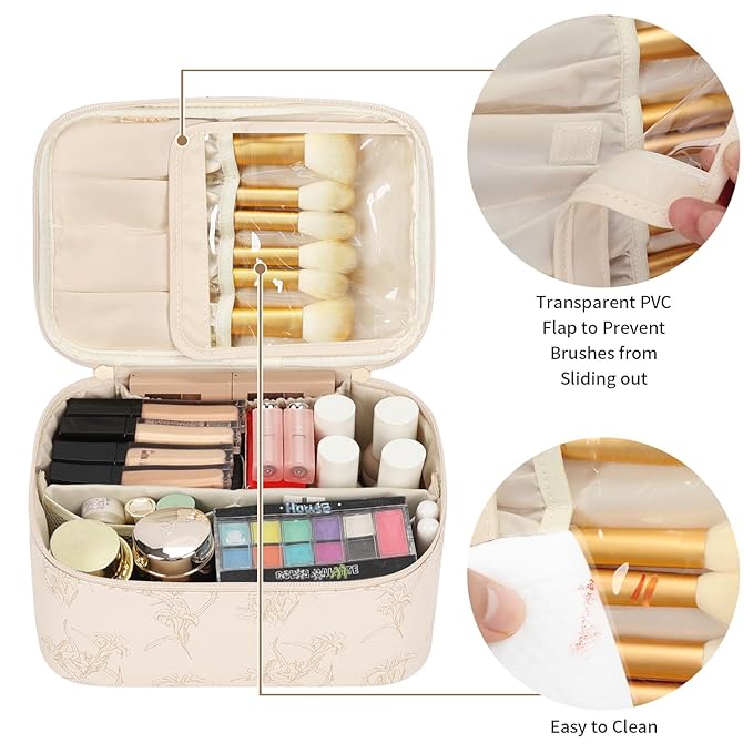 OCHEAL Makeup Bag for Women - Travel Cosmetic Organizer with Brush Slot & Divider, Large Capacity Toiletry Bag for Girls, Travel Makeup Case for everyday Make up Accessories -Beige floral