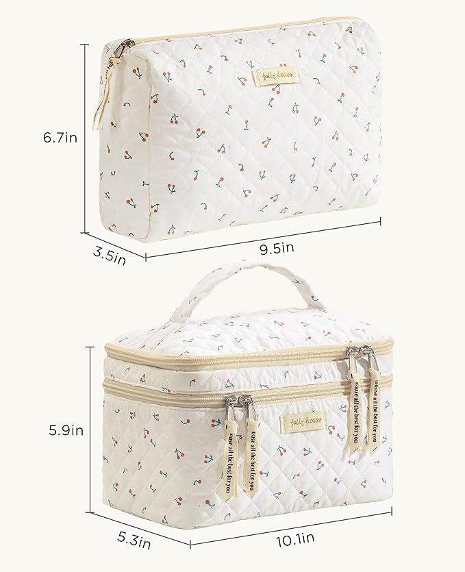 HBselect 2Pcs Travel Makeup Bag, Large Cotton Quilted Makeup Bag Cosmetic Bag Cute Make up Bag Toiletry Bags for Women Girls