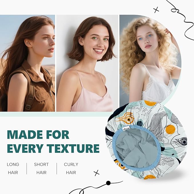 Years Calm Evil Eye Shower Caps for Women Reusable Waterproof, Pattern and Solid Color Dual-Layer Design, Hair Cap for Shower with Elastic Band, Fits Braids, Dreadlocks & Long Hair (Blue)