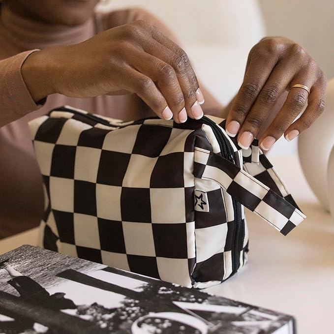 Tiny Twinkle Portable Waterproof Makeup Bag | Travel-Friendly Cosmetic Organizer with Convenient Carry Handle | Spacious Interior, and Secure Zipper Closure (Black Checkers)
