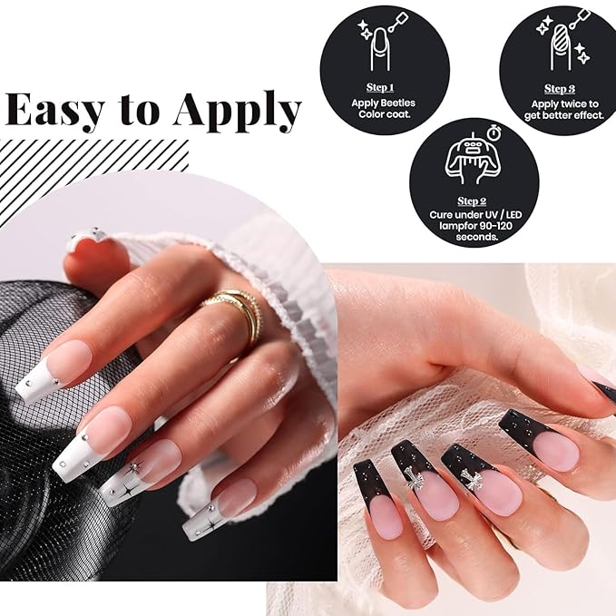 Beetles Gel Nail Polish Set - 4Pcs White Black Gel Polish Set with No Wipe Top&Base Coat Nail Polish Set Soak Off UV LED Lamp Manicure Salon DIY Home Halloween Gifts for Her Women